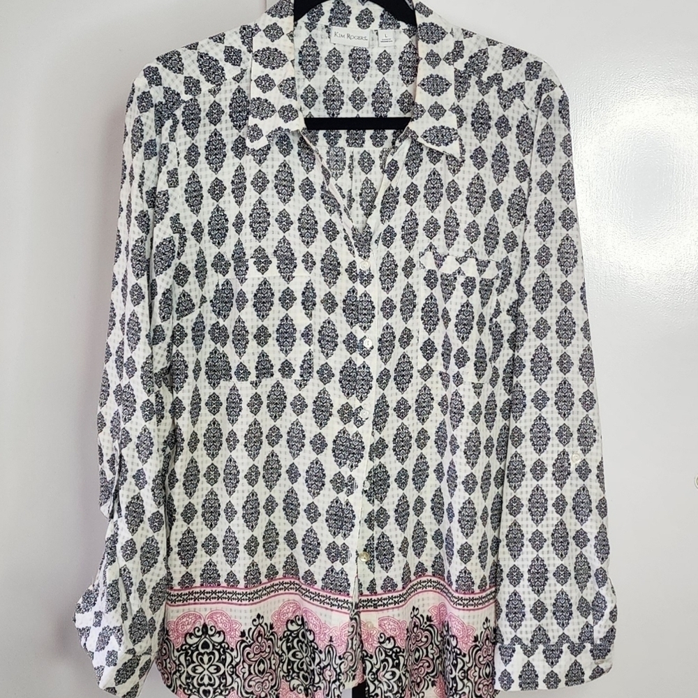 Kim Rodgers Large Blouse, Long Sleeve Pink Black and White